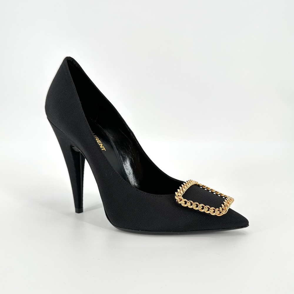 Saint Laurent St Sulpice Black Grosgrain Gold Chain Buckle Pumps‎ Heels 38